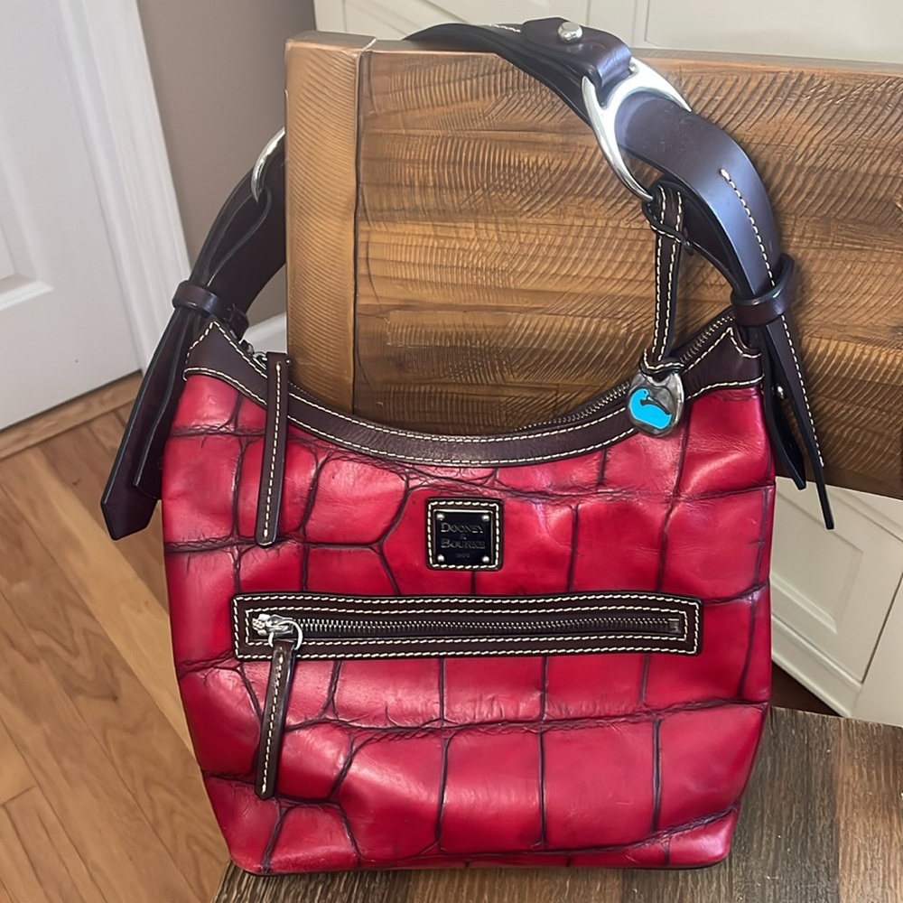 Dooney & Bourke Vintage Red Croc-Nile Shoulder Bag with Brown trim
